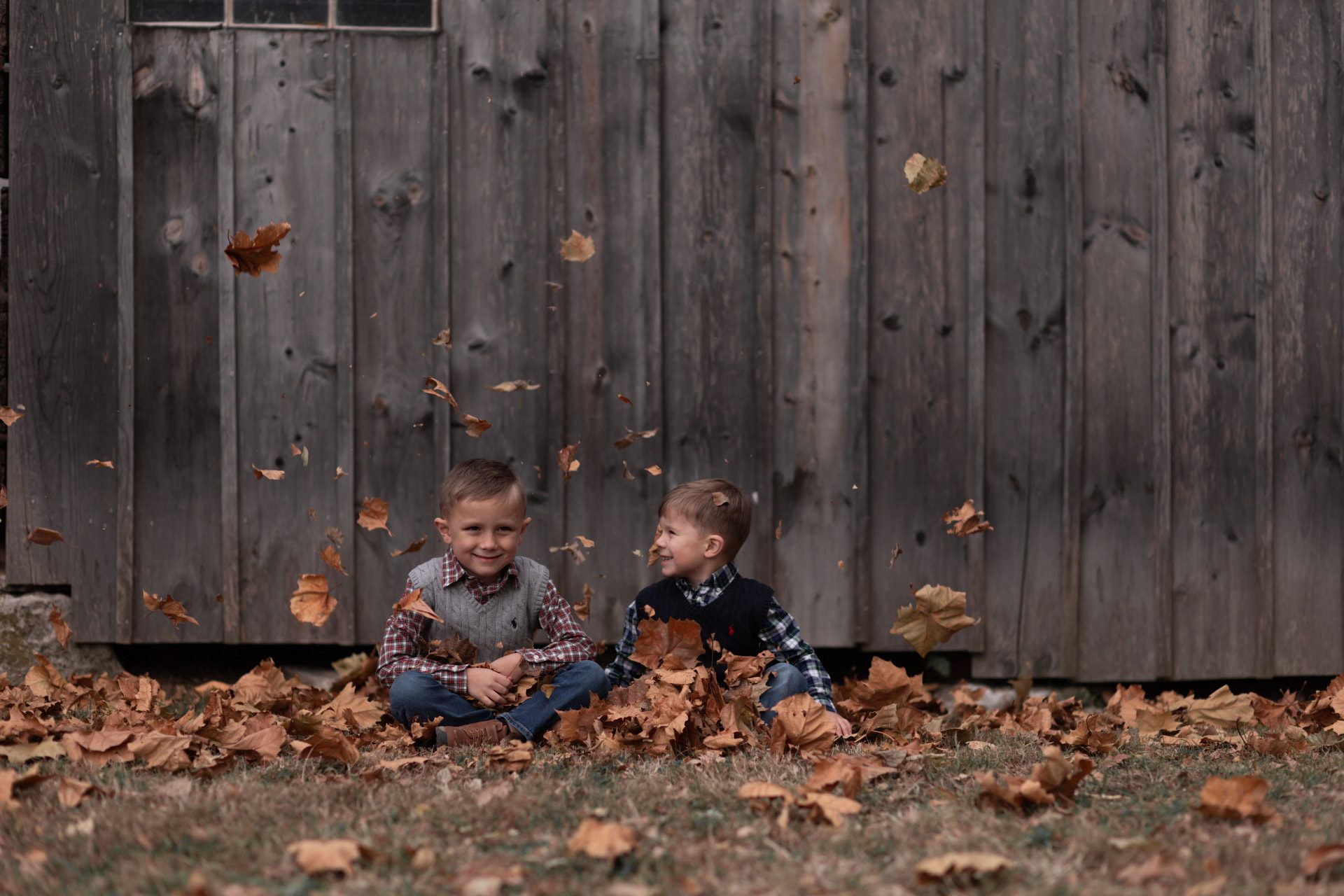 Two brothers sitting in a pile of leaves as they get tossed around them