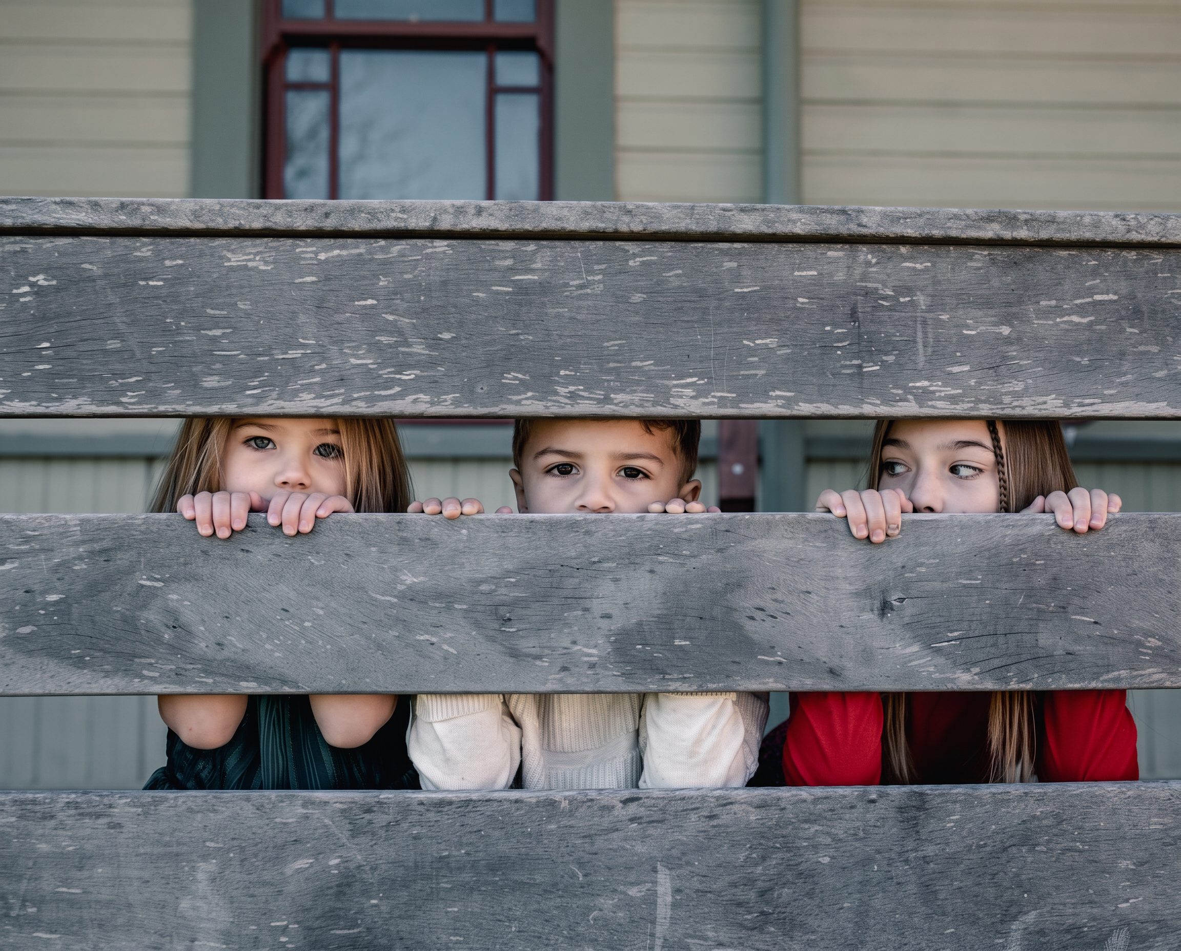 Three kids peeking through a wooden fence