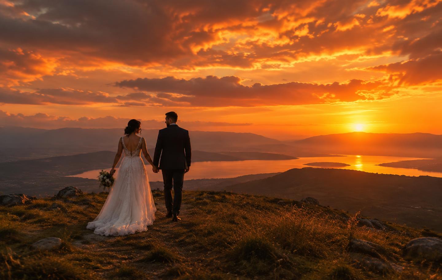 Couple at sunset on their wedding day